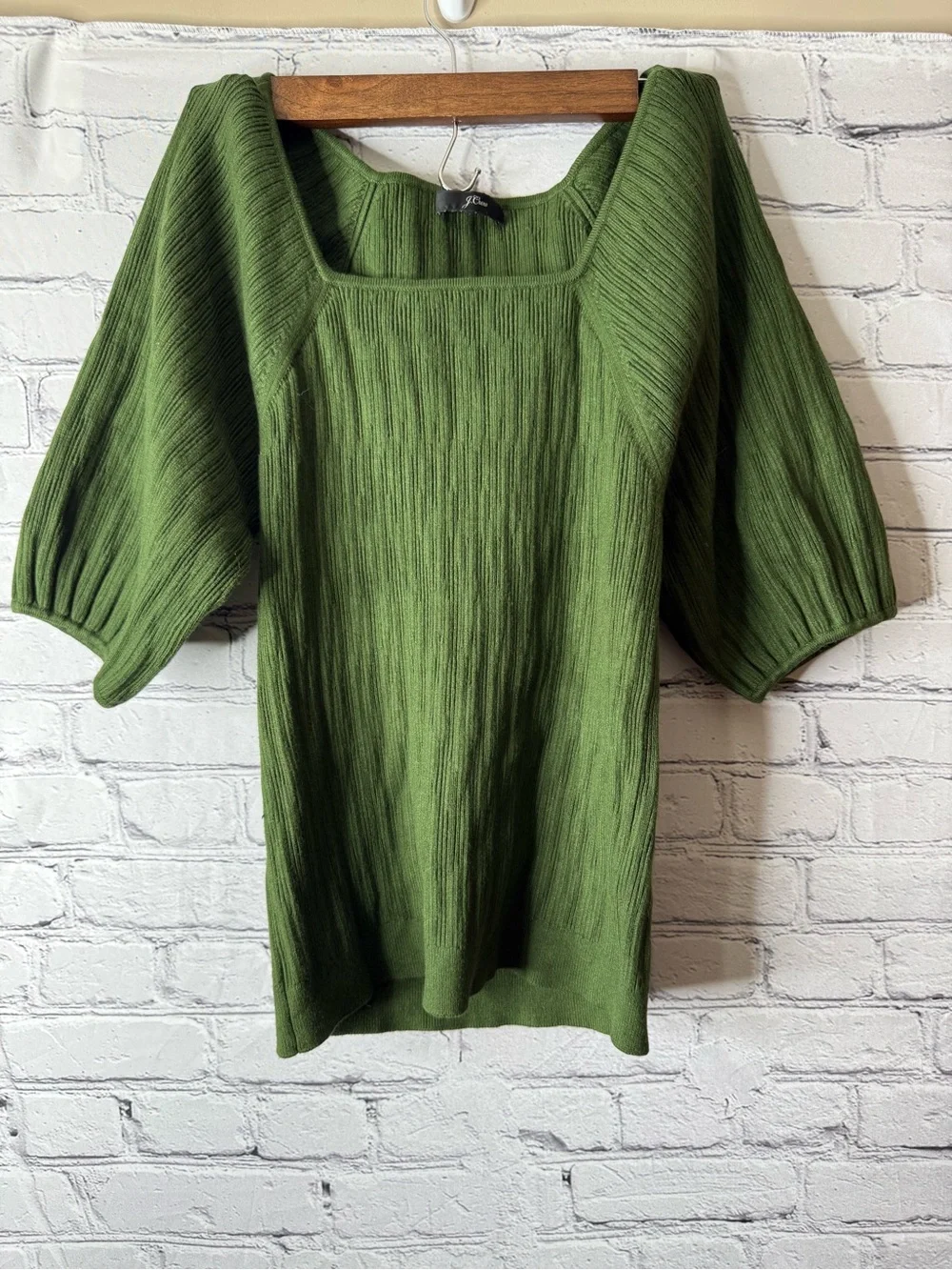 J. Crew Olive Green Square Neck Puff Sleeve Sweater size medium